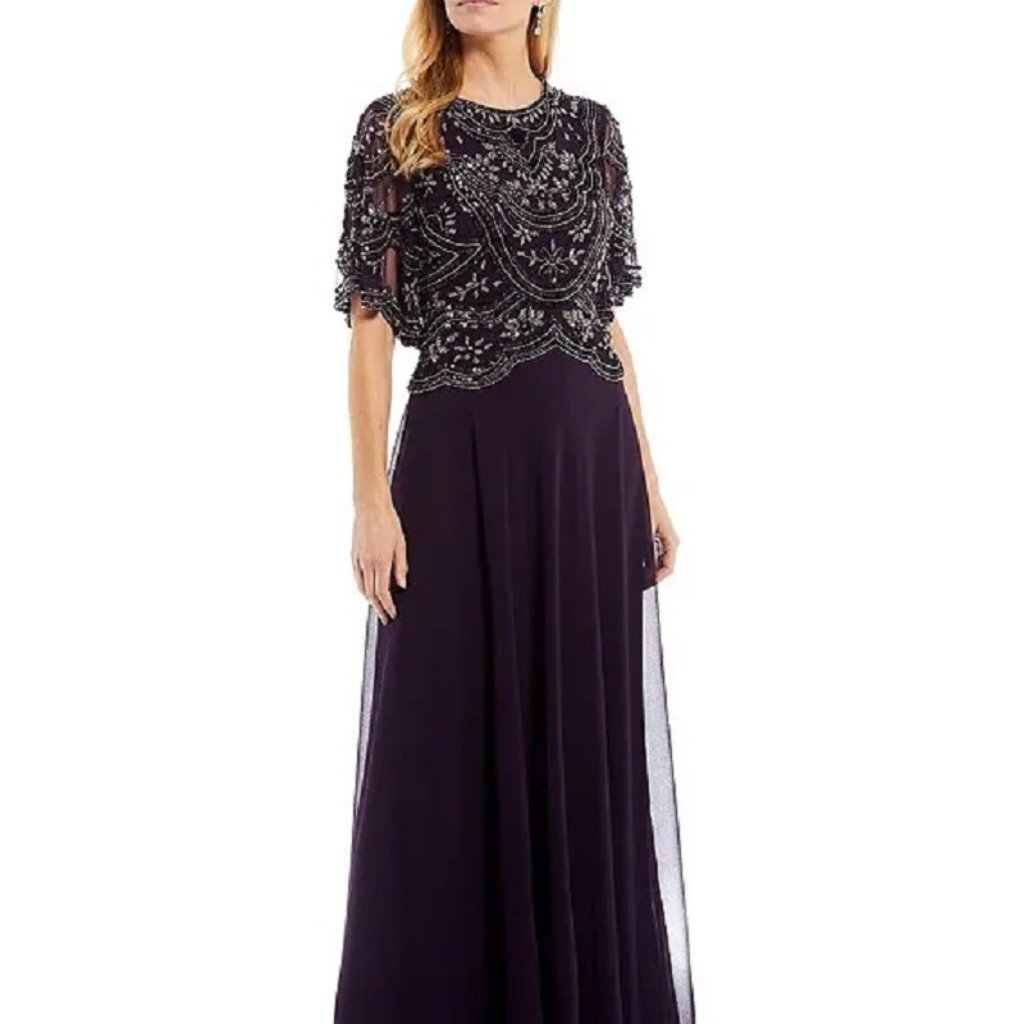 J Kara Beaded-Overlay Flutter Sleeves Gown Plum Size 8